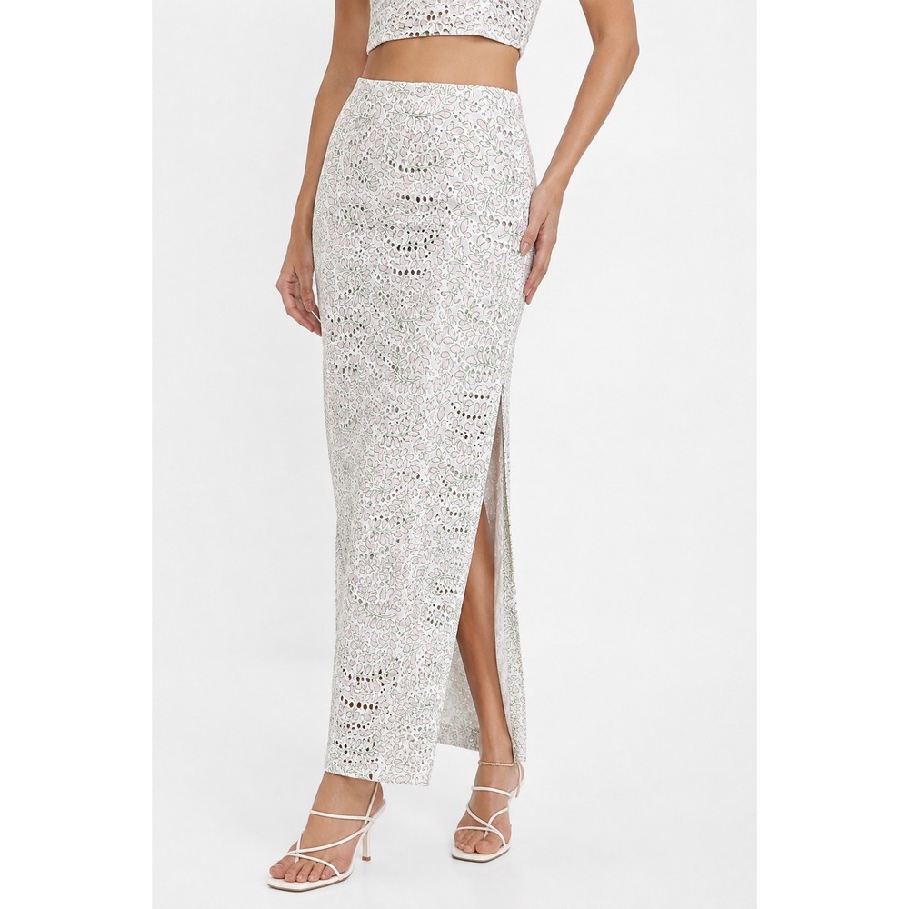 MISA Los Angeles Skirt White Floral Eyelet Maxi Pink Green Side Slit Small NWT